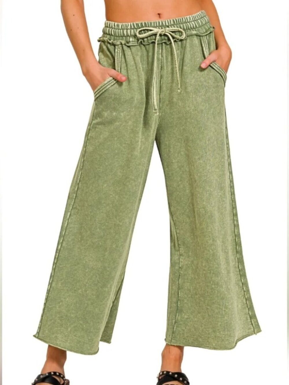 [Zenana] French Terry Wide-Leg Pants Light Olive LARGE